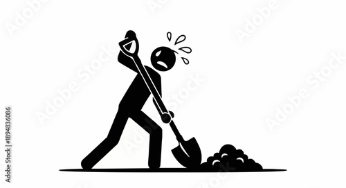 Stick Figure Man Digging Soil With Shovel Sweating Hard Work.
