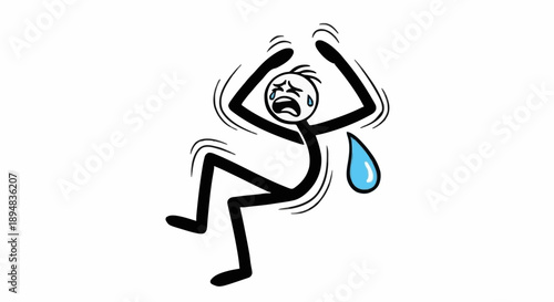 Stick figure man in distress with sweat drop and crying face.