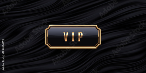 Luxury VIP gold label on black wavy silk background. Premium vector badge with golden frame on dark liquid satin texture for exclusive club invitation or membership design.