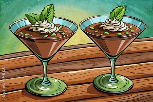 Two elegant martini glasses filled with rich chocolate mousse garnished with chocolate shavings and mint leaves displayed on rustic table tempting dessert presentation.