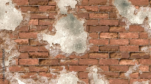 Grunge red brick wall texture with large peeling white plaster patches. 3D rendering illustration