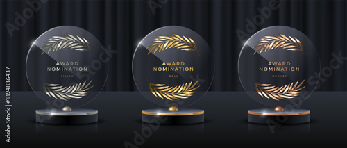Luxury glass award trophies set with gold silver bronze laurel wreaths on black curtain background. Realistic round nomination plaques on podium for ceremony or festival design.