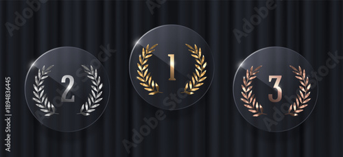 Luxury glass award medals set with gold, silver, bronze laurel wreaths and numbers on black curtain background. Vector trophy badges for winner ranking, competition prize or ceremony design.