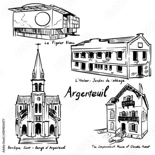 Hand Drawn Argenteuil Landmarks Illustration Featuring Le Figuier Blanc, L’Atelier Jardins de l’Abbaye, Basilique Saint Denys d’Argenteuil and the Impressionist House of Claude Monet