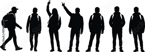 Black And White Vector Silhouette Set Of People Travelers And Students Featuring Men And Women With Backpacks Walking Standing And Pointing