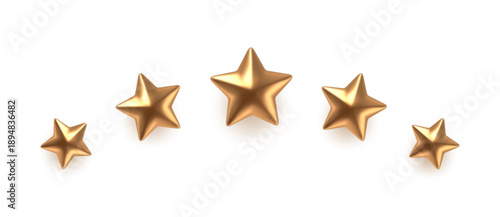 Five realistic gold stars arranged in an arc isolated on white background. 3D vector golden star rating icon for best quality badge, customer feedback review, ranking or award design.