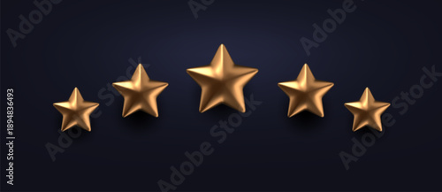 Five realistic 3D gold stars arranged in an arc on dark background. Vector golden rating icon for best quality badge, customer feedback review, ranking and award design.