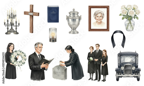 Funeral Service and Memorial Watercolor Illustration Set