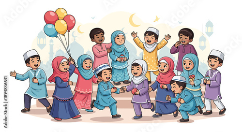 Children celebrating eid with joy and balloons