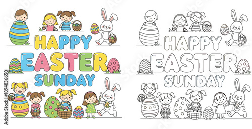 Happy Easter Sunday coloring page and colored illustration set with cute children, bunnies, and decorated eggs, vector outline for kids activity