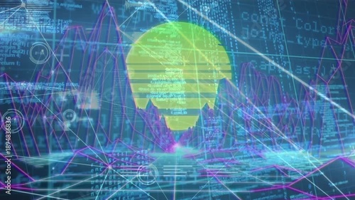 Animation of data processing and network of connections over digital mountains and sun