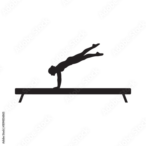 A silhouette of a female gymnast performing a handstand on a balance beam vector flat illustration on white background.