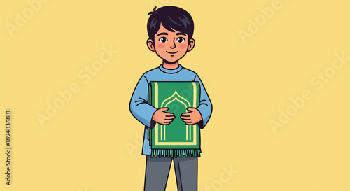 Young boy holding quran with joyful expression