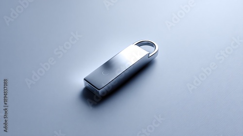 A sleek, metallic storage device on a subtly lit surface. The streamlined design features a smooth finish and a convenient loop