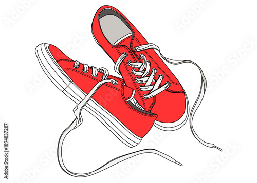 赤いスニーカーを上から俯瞰してみたイラスト 上向き 横向き