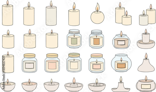 Hand drawn candle icon set with pillar, jar, container and tea light candles in various shapes and sizes, trendy vector collection isolated on white background