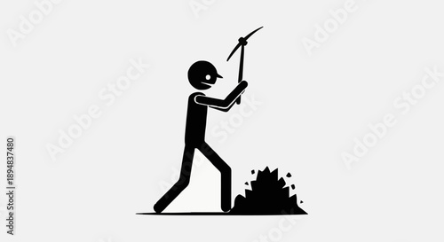 Stick figure miner digging with pickaxe illustration.