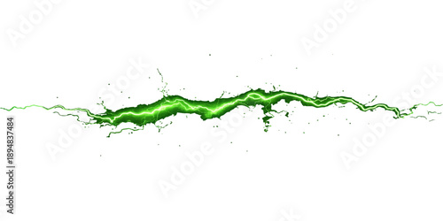 Vibrant green paint splashes and wet liquid droplets flow across a clean white background with a sense of fresh motion and artistic grunge
