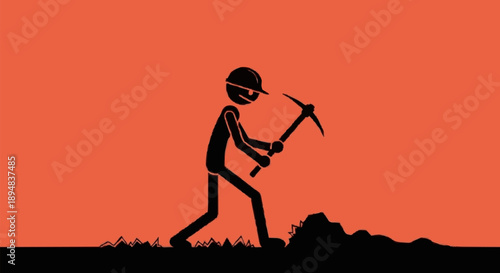 Stick figure miner digging with pickaxe silhouette.