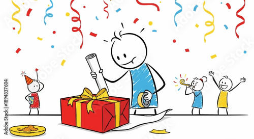 Stick figure opening a gift box with confetti falling and friends celebrating.