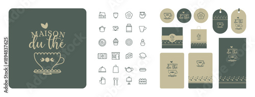 Charte graphique pour pâtisserie, salon de thé, traiteur, salon, café, collection de picto, mockup, packaging, étiquettes, stickers, menu, frise, floral, tasse