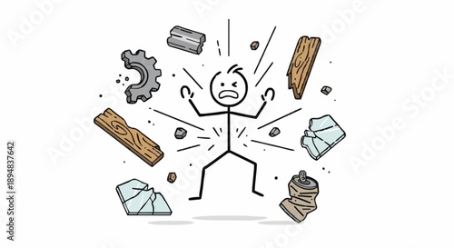 Stick figure overwhelmed by flying debris and objects.