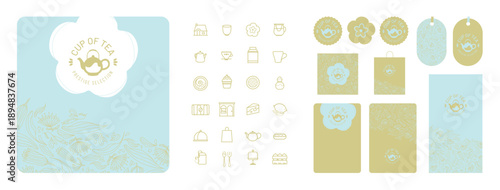 Charte graphique pour pâtisserie, salon de thé, café, théière, tampon, bleu, or, feuilles, pattern, motif, dorure, luxe, pâtissier