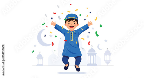 Happy muslim boy celebrating eid with confetti and moon