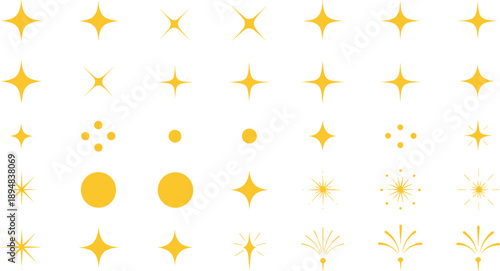 Minimal yellow sparkle icons set with simple shining stars, dots and light bursts, flat vector decorative elements isolated on white background