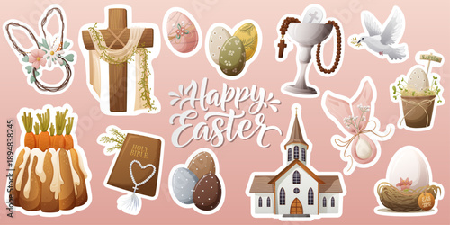 Easter holiday sticker set with decorative eggs church dove and spring elements