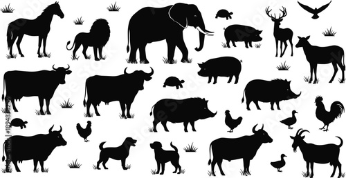 Black silhouette vector illustration set featuring farm and wild animals including elephants lions cows pigs and dogs for nature design