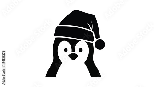 Black and White Illustration of a Cute Penguin Wearing a Santa Hat