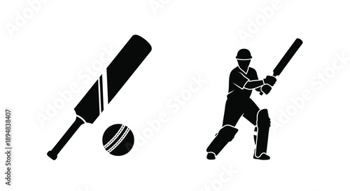 Cricket player with bat and ball a striking black silhouette