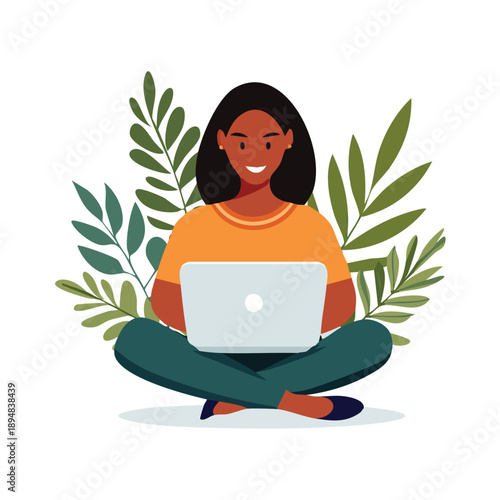 Woman Working on Laptop Flat Vector Illustration