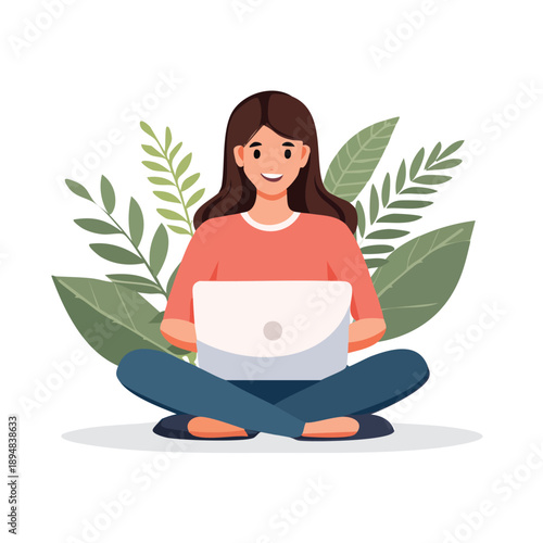 Woman Working on Laptop Sitting Flat Vector Illustration