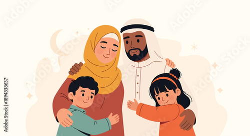 Happy muslim family with children hugging each other