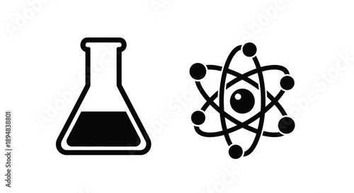 Science icons depicting a flask and atomic structure silhouette