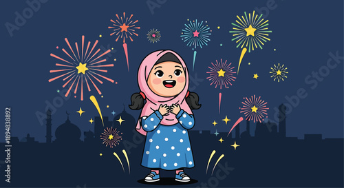 Happy muslim girl celebrating eid with fireworks