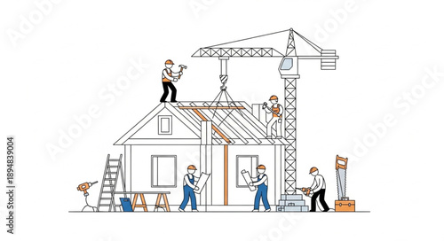 Construction workers building a house with crane and tools.