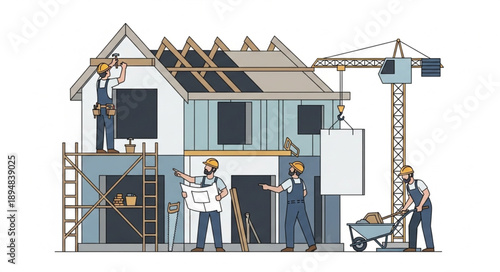 Construction workers building a house with crane and scaffolding.