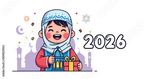 Happy muslim child celebrating eid with gift in 2026