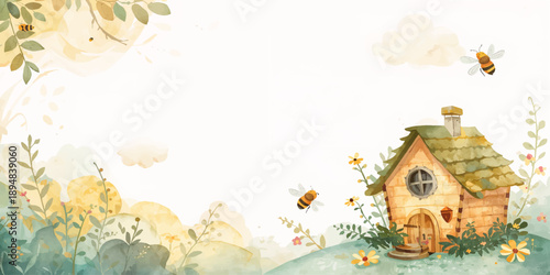 Vector illustration of a seasonal autumn nature background featuring a wooden frame border decorated with orange leaves and a horse near a yellow house building under a sunny sky