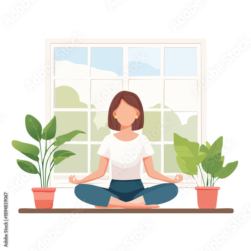 Woman Meditating at Home Flat Vector Illustration