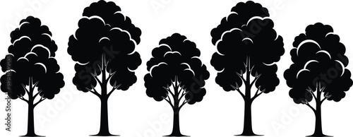 Black silhouette vector illustration set featuring various deciduous trees for forest landscape nature park and outdoor environmental conservation branding design, (20 words)