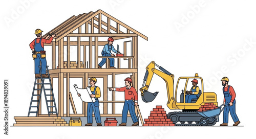 Construction workers building a house with excavator and bricks.