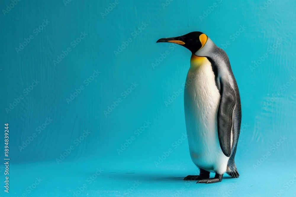 Fototapeta premium Studio portrait of a king penguin standing against a vibrant blue backdrop