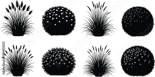 Black silhouette vector illustration set featuring various garden shrubs bushes and ornamental grasses for landscape nature and outdoor park design