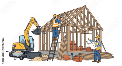 Construction workers building a house with excavator and materials.