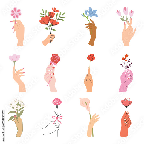 Hand holding flower collection. Vector female hands with roses and tulips for Women's Day gift concept isolated on white