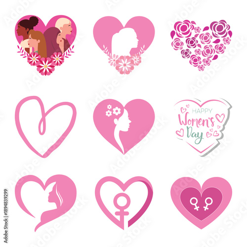 Women's Day heart collection. Vector pink love shapes with female profile silhouettes for March 8 holiday design